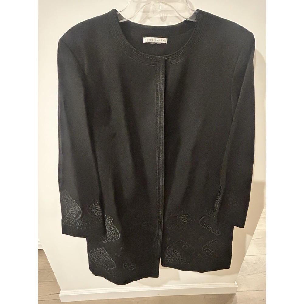 Peter Nygard Long Lined Coat Jacket Embroidered Black On Black Women
